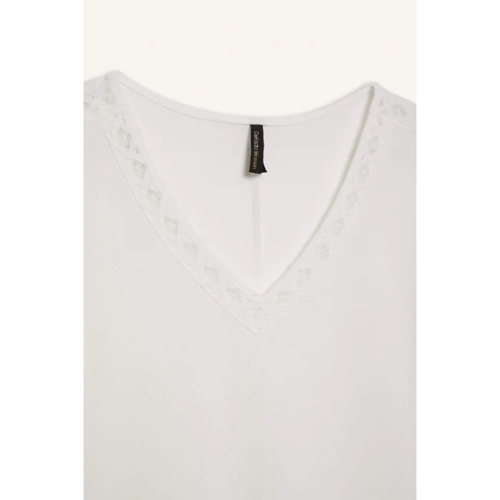 Defacto F2766 Ekru V Yaka Kısa Kollu Tişört