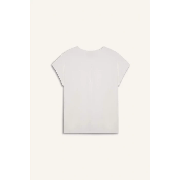 Defacto F2766 Ekru V Yaka Kısa Kollu Tişört