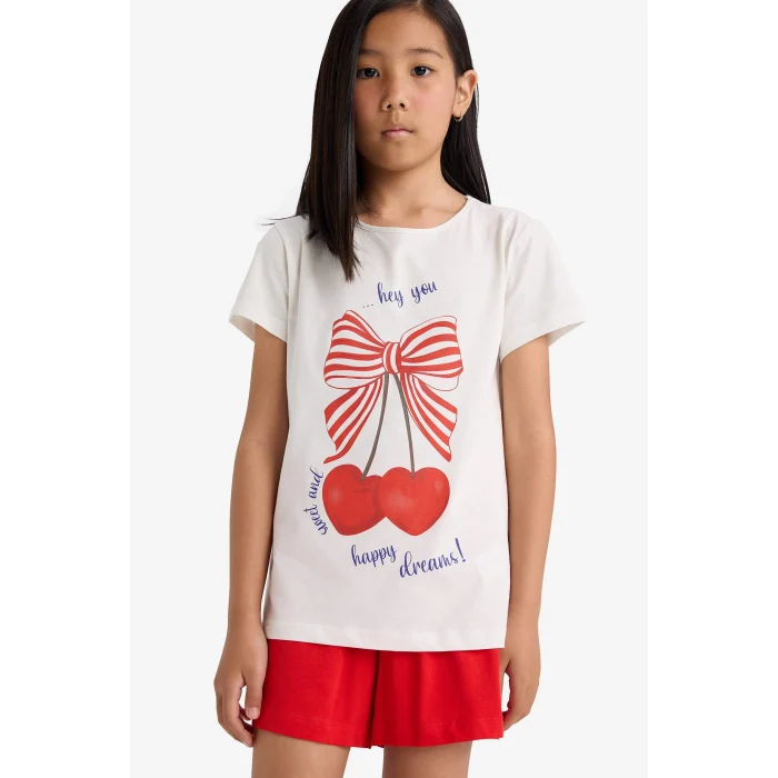 Defacto E0667 Ekru Kız Çocuk Pijama Takımı Baskılı Kısa Kollu Üst Beli Lastikli Şort