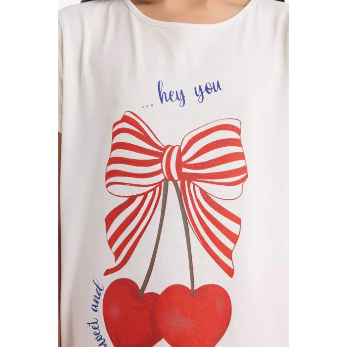 Defacto E0667 Ekru Kız Çocuk Pijama Takımı Baskılı Kısa Kollu Üst Beli Lastikli Şort