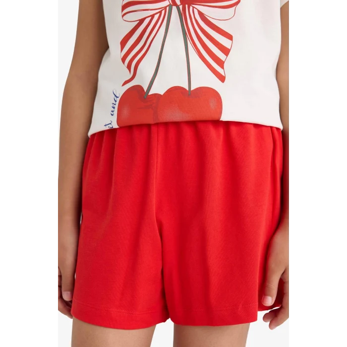 Defacto E0667 Ekru Kız Çocuk Pijama Takımı Baskılı Kısa Kollu Üst Beli Lastikli Şort