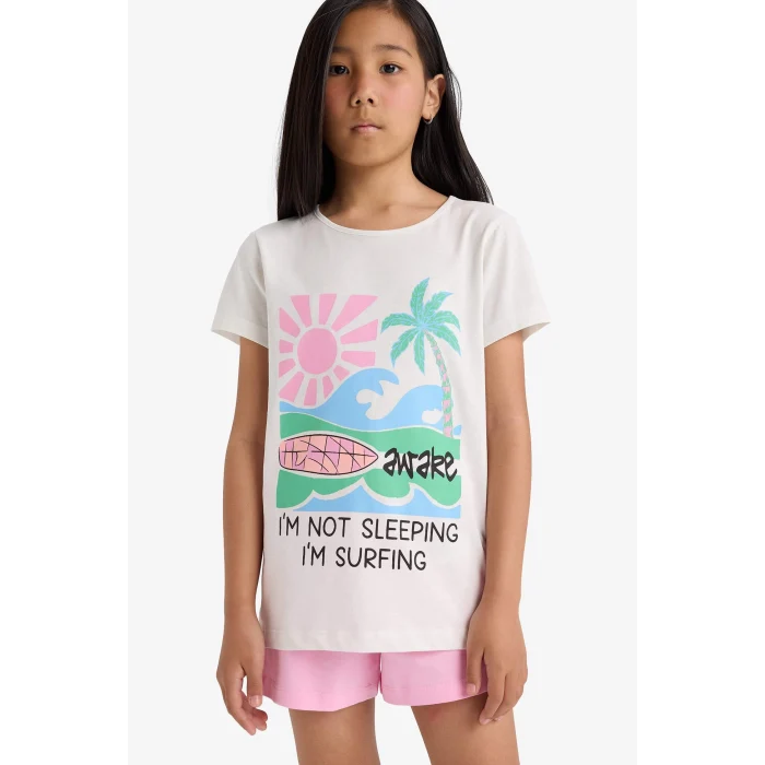 Defacto E0665 Ekru Kız Çocuk Pijama Takımı Baskılı Kısa Kollu Üst Beli Lastikli Şort