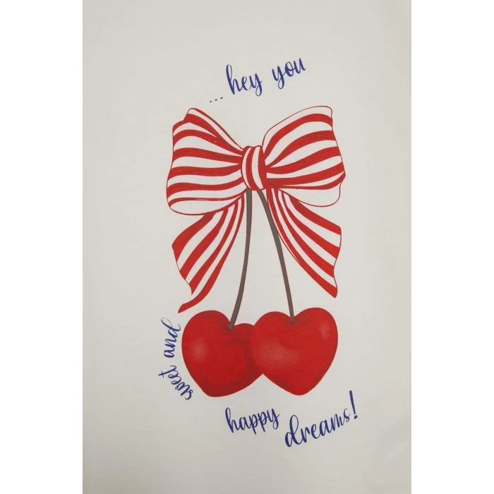 Defacto E0667 Ekru Kız Çocuk Pijama Takımı Baskılı Kısa Kollu Üst Beli Lastikli Şort