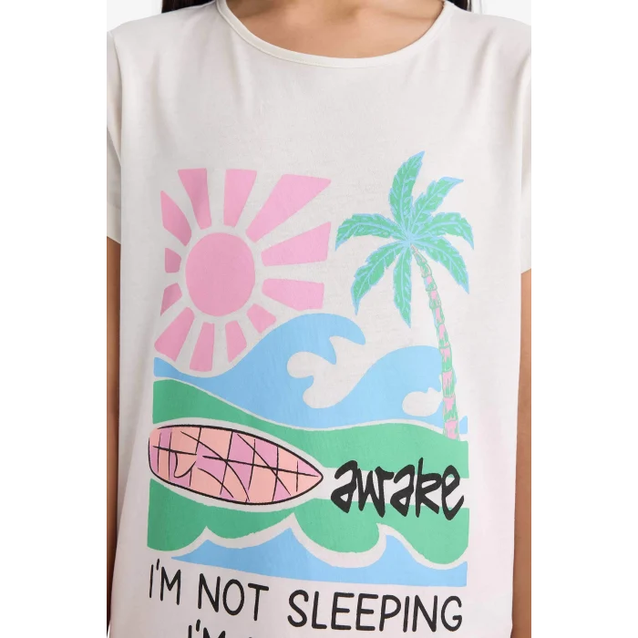 Defacto E0665 Ekru Kız Çocuk Pijama Takımı Baskılı Kısa Kollu Üst Beli Lastikli Şort