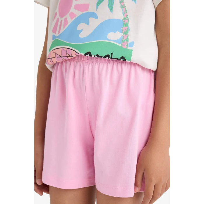 Defacto E0665 Ekru Kız Çocuk Pijama Takımı Baskılı Kısa Kollu Üst Beli Lastikli Şort