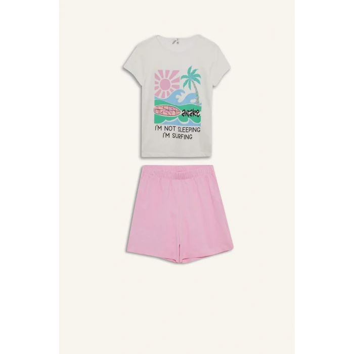 Defacto E0665 Ekru Kız Çocuk Pijama Takımı Baskılı Kısa Kollu Üst Beli Lastikli Şort