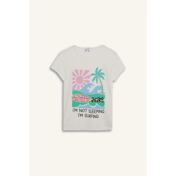 Defacto E0665 Ekru Kız Çocuk Pijama Takımı Baskılı Kısa Kollu Üst Beli Lastikli Şort