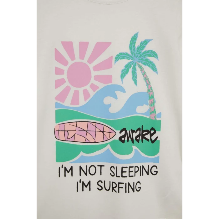 Defacto E0665 Ekru Kız Çocuk Pijama Takımı Baskılı Kısa Kollu Üst Beli Lastikli Şort