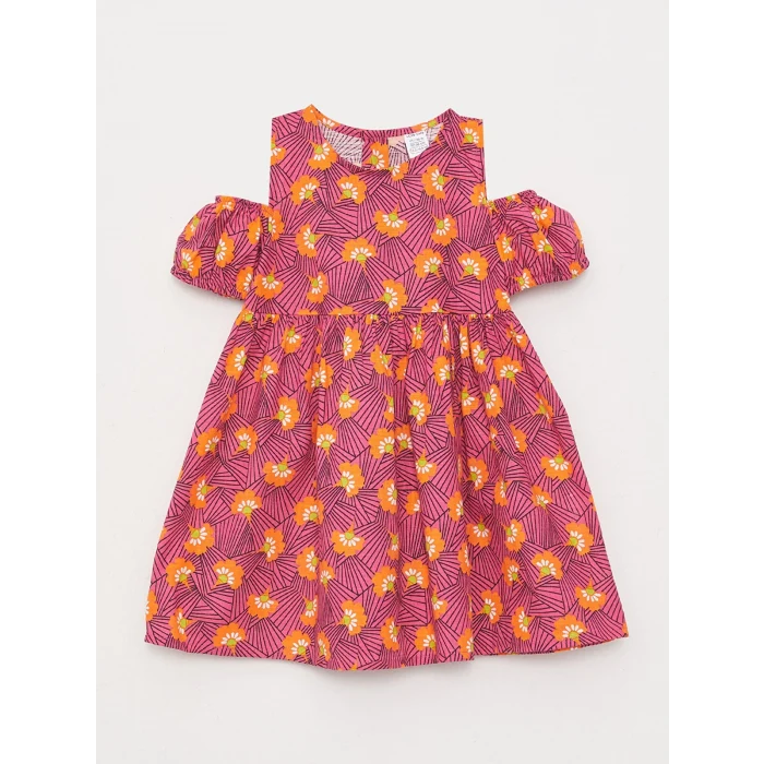 LCW baby Pembe Bisiklet Yaka Desenli Kız Bebek Elbise