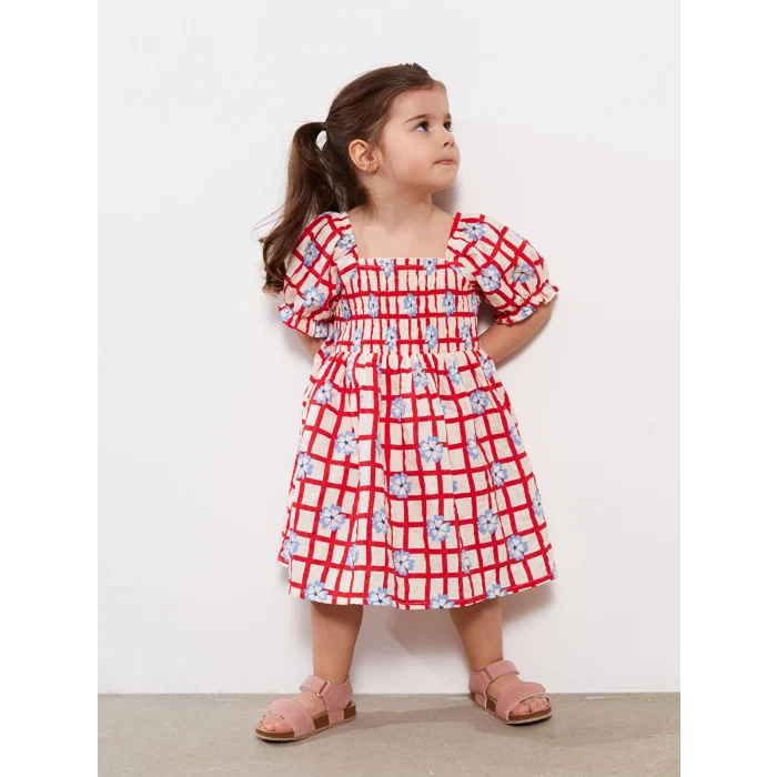 LCW baby Kirmizi Kare Yaka Desenli Kız Bebek Elbise