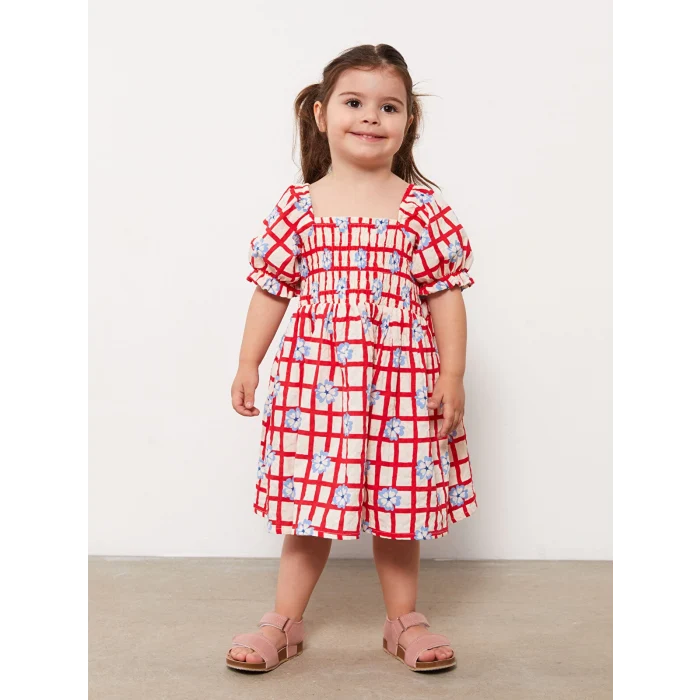 LCW baby Kirmizi Kare Yaka Desenli Kız Bebek Elbise