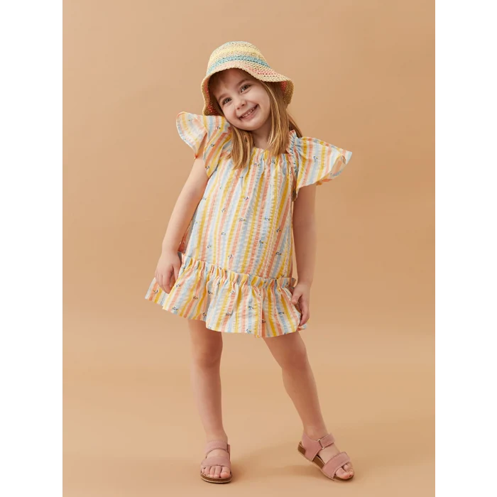 LCW baby Bej Kare Yaka Kısa Kollu Desenli Kız Bebek Elbise