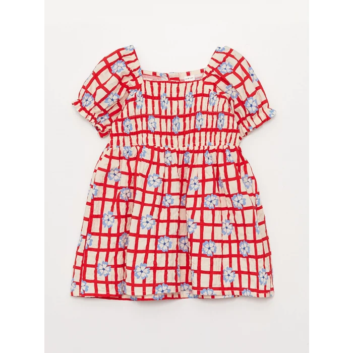 LCW baby Kirmizi Kare Yaka Desenli Kız Bebek Elbise