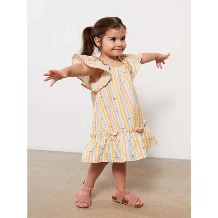 LCW baby Bej Kare Yaka Kısa Kollu Desenli Kız Bebek Elbise