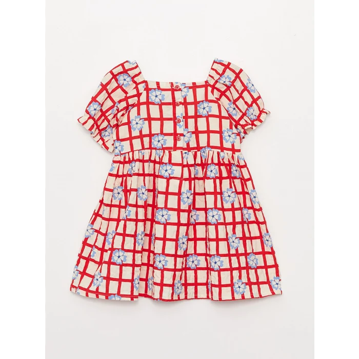 LCW baby Kirmizi Kare Yaka Desenli Kız Bebek Elbise