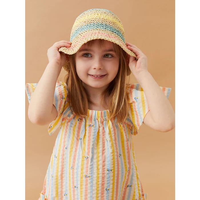 LCW baby Bej Kare Yaka Kısa Kollu Desenli Kız Bebek Elbise