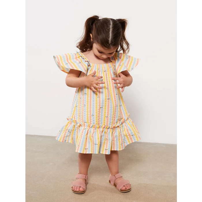 LCW baby Bej Kare Yaka Kısa Kollu Desenli Kız Bebek Elbise