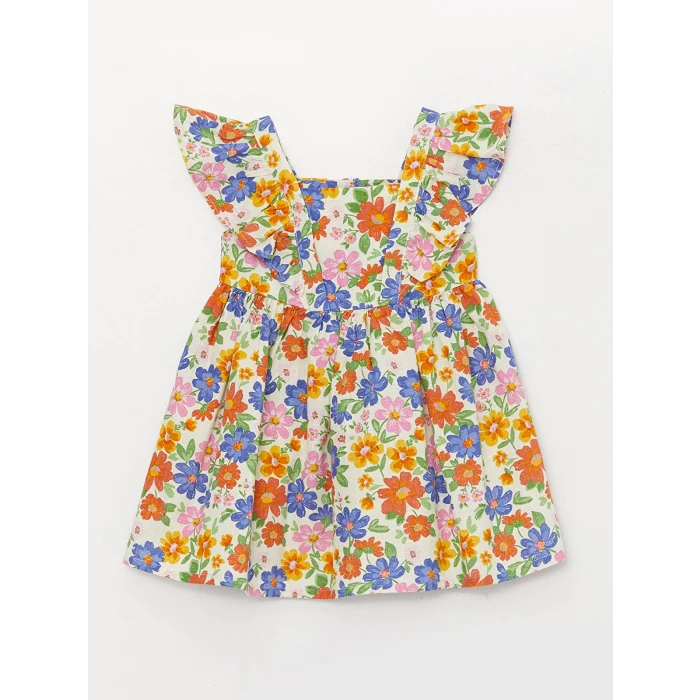 LCW baby Ekru Askılı Kare Yaka Baskılı Kız Bebek Elbise