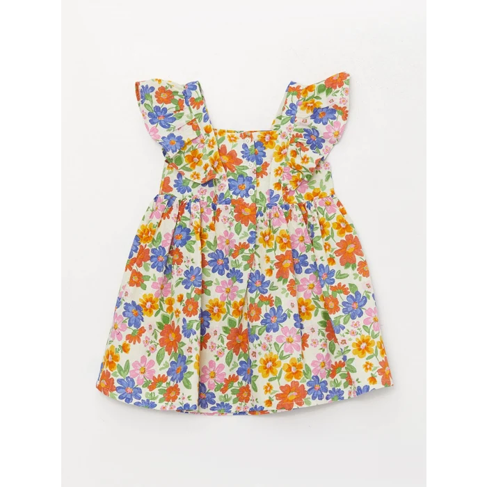 LCW baby Ekru Askılı Kare Yaka Baskılı Kız Bebek Elbise