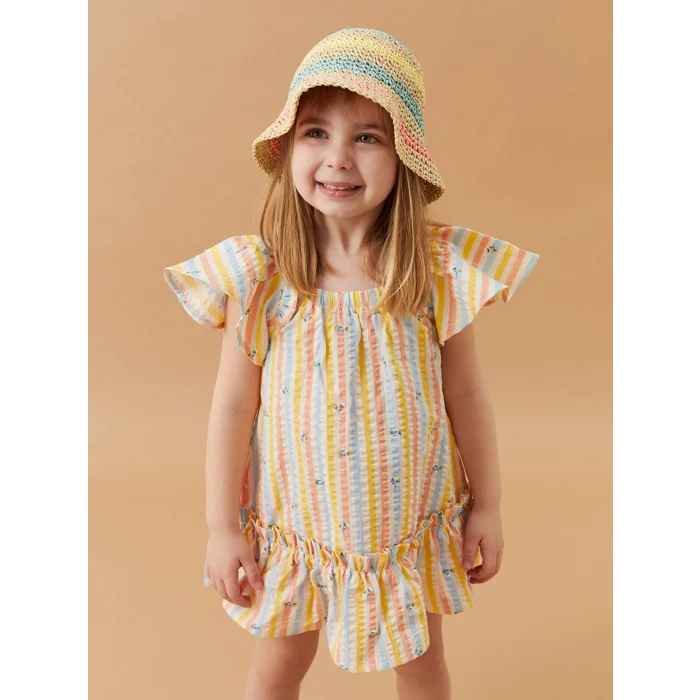 LCW baby Bej Kare Yaka Kısa Kollu Desenli Kız Bebek Elbise