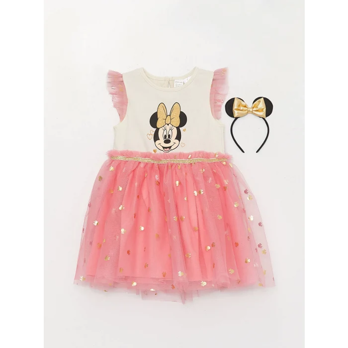 LCW baby Ekru Bisiklet Yaka Kısa Kollu Baskılı Kız Bebek Elbise ve Taç 2li Takım