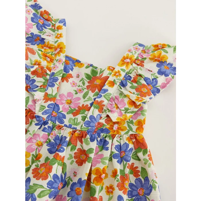 LCW baby Ekru Askılı Kare Yaka Baskılı Kız Bebek Elbise