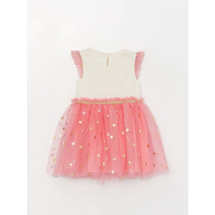 LCW baby Ekru Bisiklet Yaka Kısa Kollu Baskılı Kız Bebek Elbise ve Taç 2li Takım