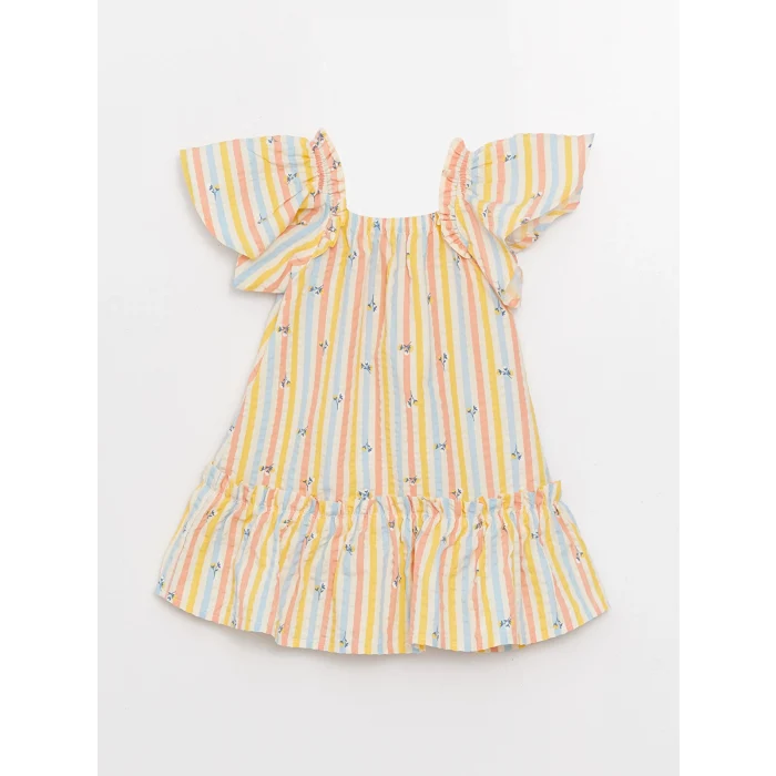 LCW baby Bej Kare Yaka Kısa Kollu Desenli Kız Bebek Elbise