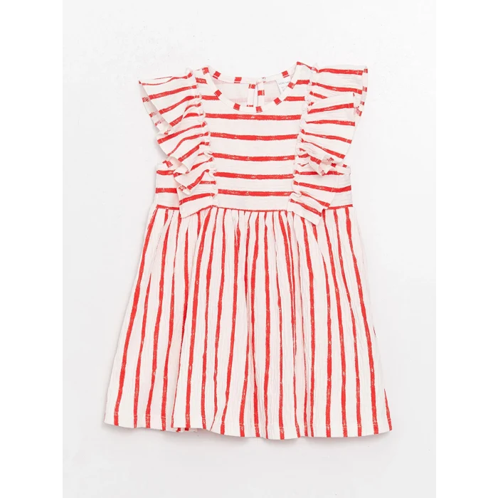 LCW baby Kirmizi Bisiklet Yaka Çizgili Kız Bebek Elbise
