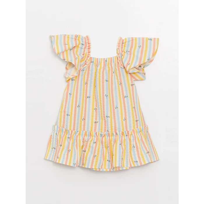 LCW baby Bej Kare Yaka Kısa Kollu Desenli Kız Bebek Elbise