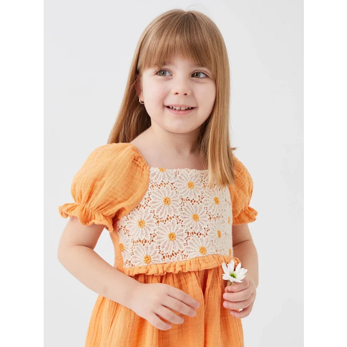 LCW baby Turuncu Kare Yaka Dantel Detaylı Kız Bebek Elbise