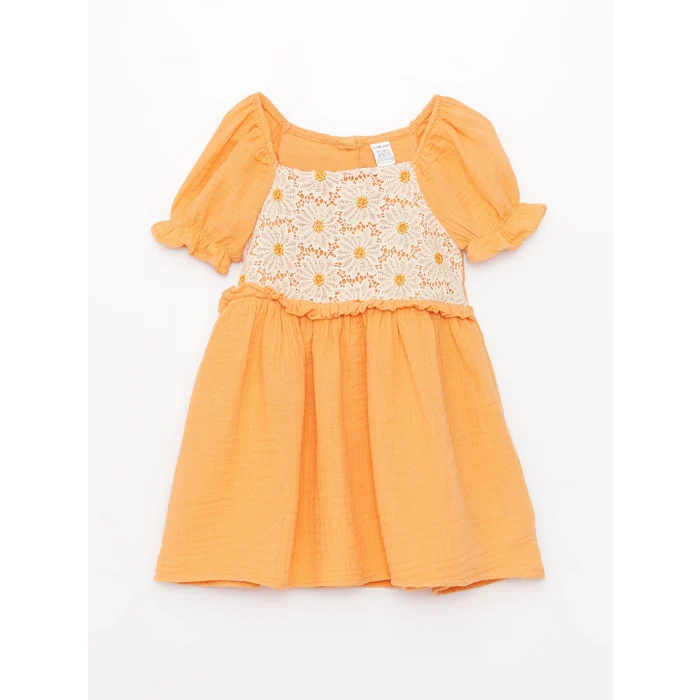 LCW baby Turuncu Kare Yaka Dantel Detaylı Kız Bebek Elbise
