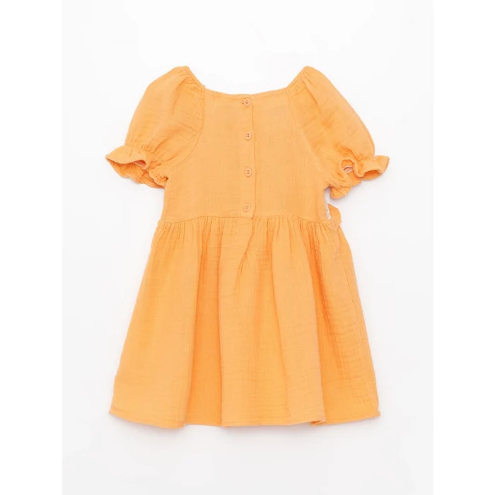 LCW baby Turuncu Kare Yaka Dantel Detaylı Kız Bebek Elbise