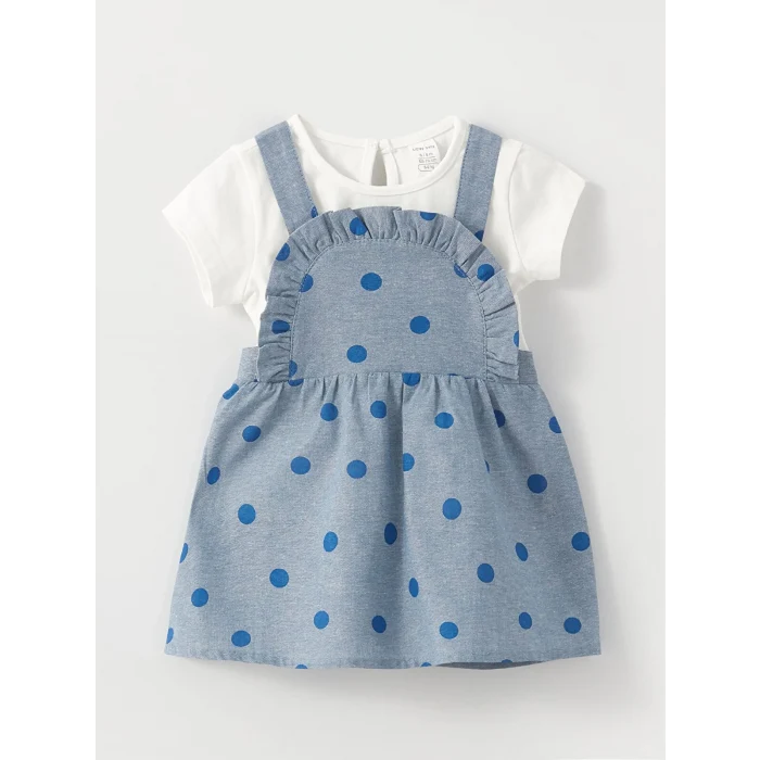 LCW baby Mavi Bisiklet Yaka Kısa Kollu Kız Bebek Tişört ve Salopet Elbise 2li Takım