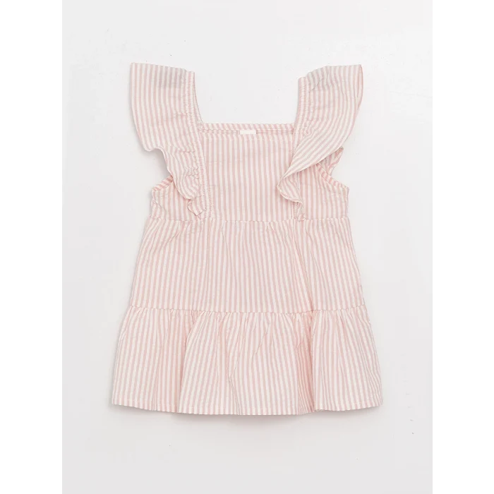 LCW baby Ekru Kare Yaka Çizgili Kız Bebek Elbise