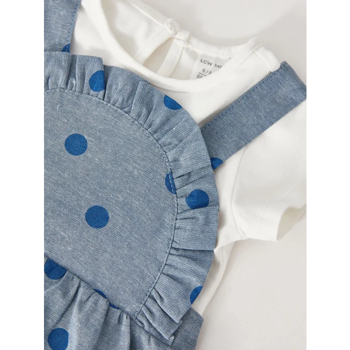 LCW baby Mavi Bisiklet Yaka Kısa Kollu Kız Bebek Tişört ve Salopet Elbise 2li Takım