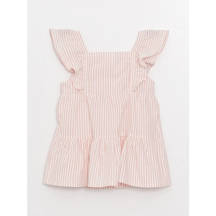 LCW baby Ekru Kare Yaka Çizgili Kız Bebek Elbise