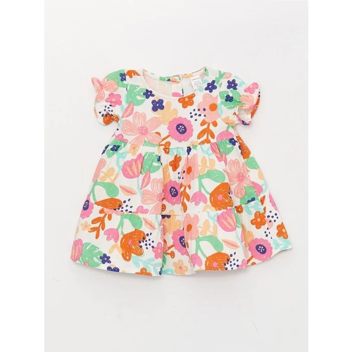 LCW baby Ekru Bisiklet Yaka Desenli Kız Bebek Elbise