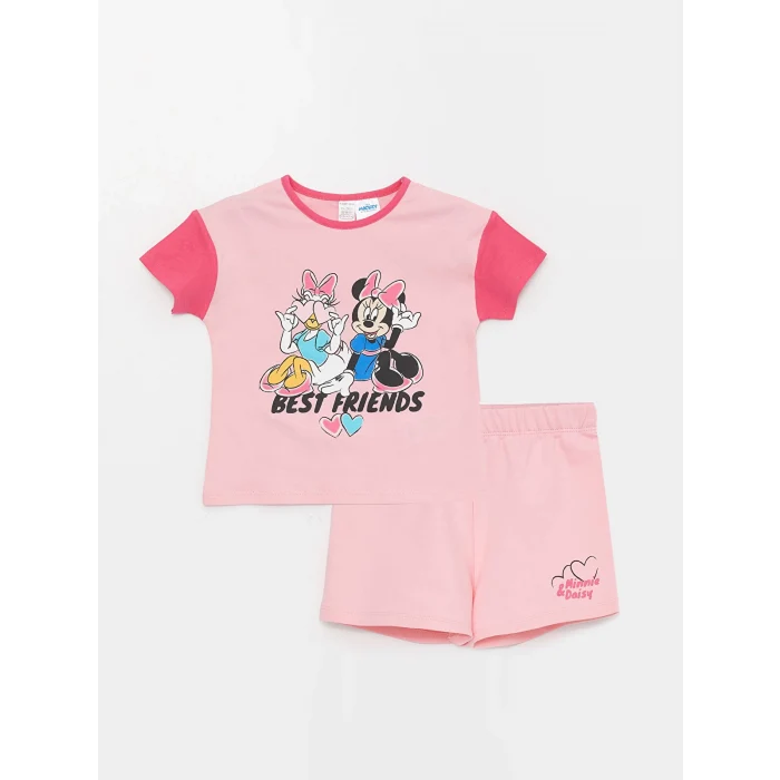 LCW baby Pembe Bisiklet Yaka Kısa Kollu Baskılı Kız Bebek Tişört ve Şort 2li Takım