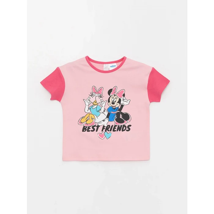 LCW baby Pembe Bisiklet Yaka Kısa Kollu Baskılı Kız Bebek Tişört ve Şort 2li Takım