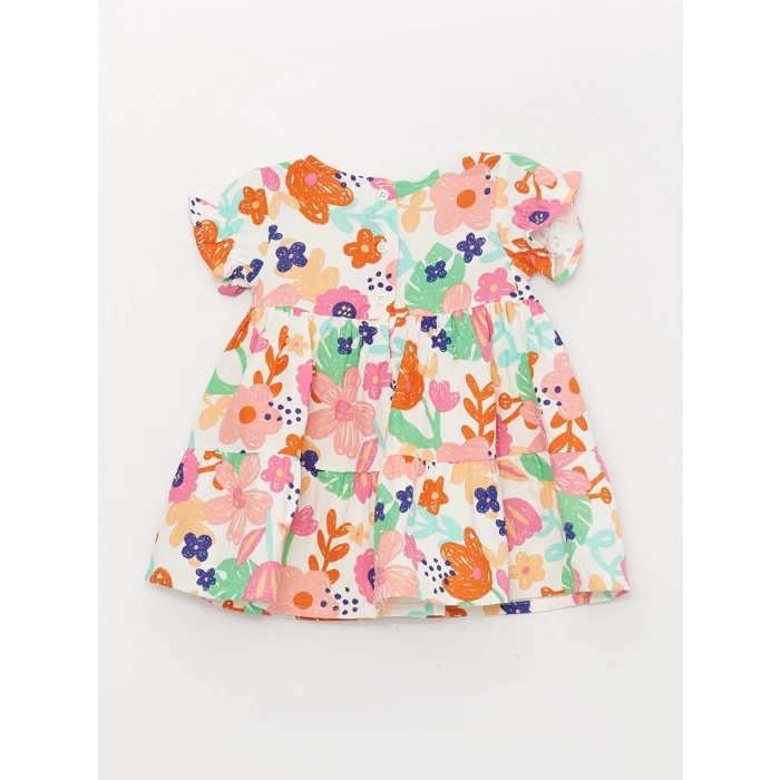 LCW baby Ekru Bisiklet Yaka Desenli Kız Bebek Elbise