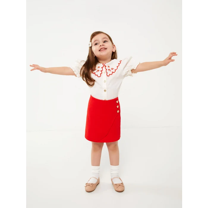 LCW baby Ekru Bebe Yaka Nakış Detaylı Kız Bebek Gömlek ve Etek 2li Takım