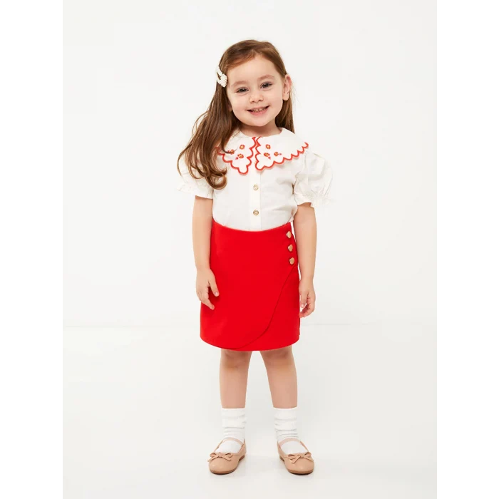 LCW baby Ekru Bebe Yaka Nakış Detaylı Kız Bebek Gömlek ve Etek 2li Takım