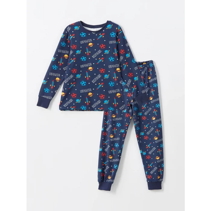 LCW Kids Lacivert Bisiklet Yaka Kadife Erkek Çocuk Pijama Takımı