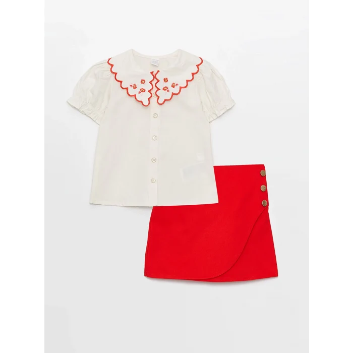 LCW baby Ekru Bebe Yaka Nakış Detaylı Kız Bebek Gömlek ve Etek 2li Takım