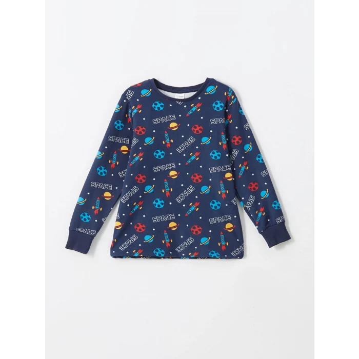 LCW Kids Lacivert Bisiklet Yaka Kadife Erkek Çocuk Pijama Takımı