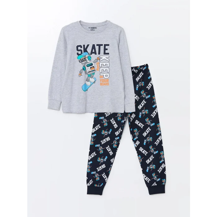 LCW Kids Gri Bisiklet Yaka Baskılı Uzun Kollu Erkek Çocuk Pijama Takımı