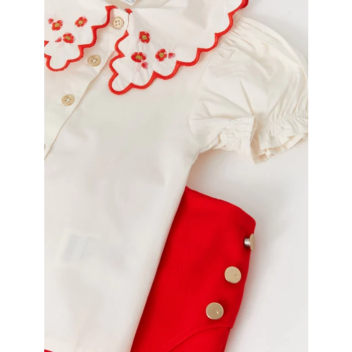 LCW baby Ekru Bebe Yaka Nakış Detaylı Kız Bebek Gömlek ve Etek 2li Takım