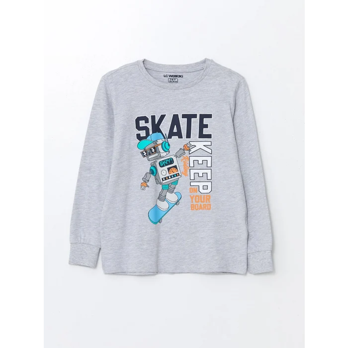 LCW Kids Gri Bisiklet Yaka Baskılı Uzun Kollu Erkek Çocuk Pijama Takımı