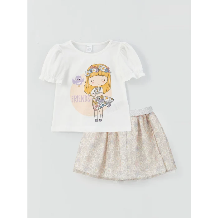 LCW baby Ekru Bisiklet Yaka Baskılı Kız Bebek Tişört ve Etek 2li Takım